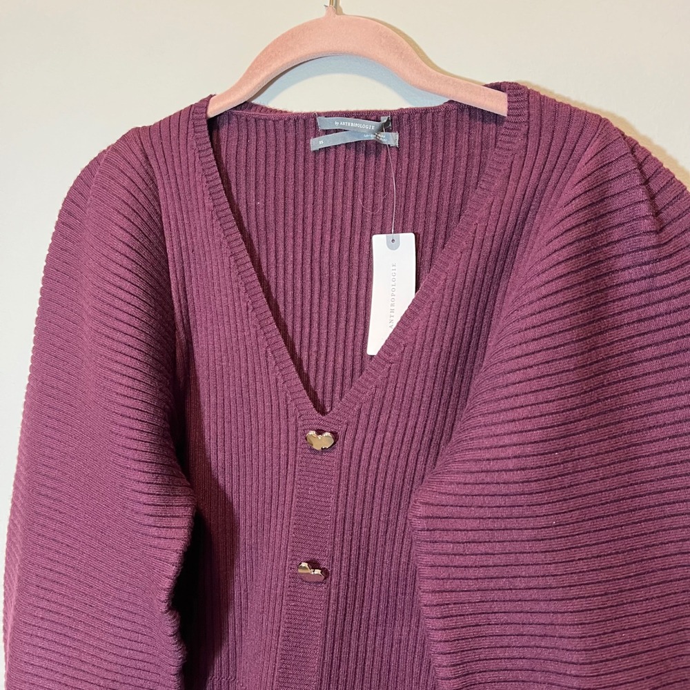 Anthropologie Ribbed Heart Button Cardigan Plum Puff Sleeve‎ Sweater XS NWT - Picture 3 of 12